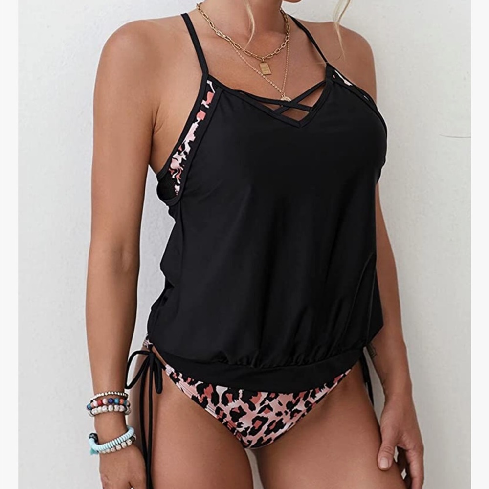 Bsubseach Bathing Suit 2 Pcs Tankini Leopars Swimsuit for Women, size L